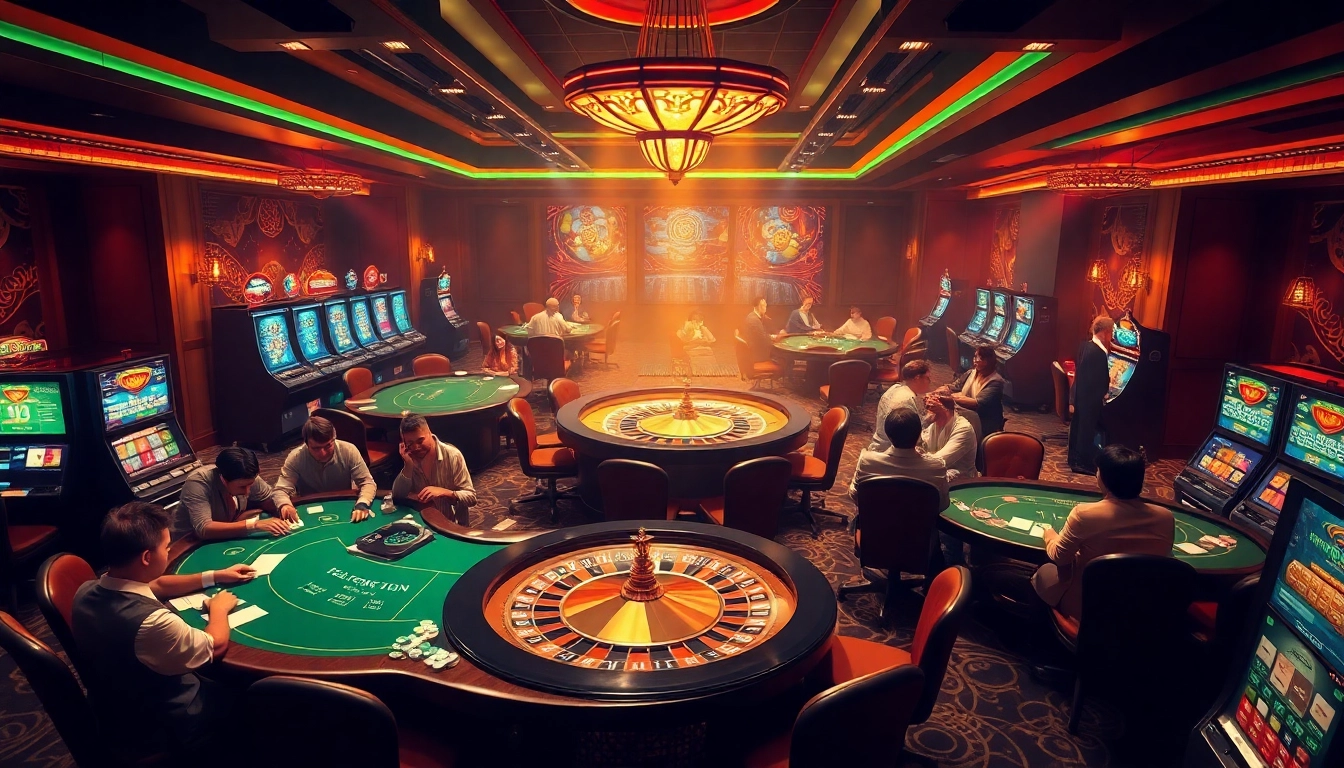 Tỷ lệ nhà cái illustrated through an exciting casino scene featuring vibrant tables and enthusiastic players.